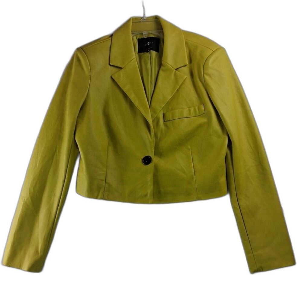 7 For All Mankind Blazer Womens M Green Cropped Faux Leather One Button Jacket